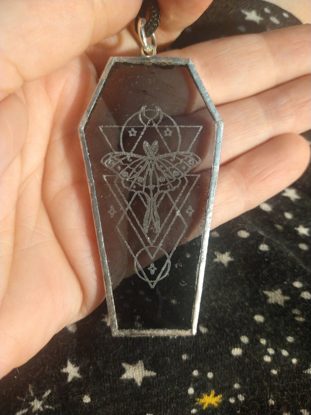 Coffin-Shaped Etched Grey Glass Pendant with Moth Motif